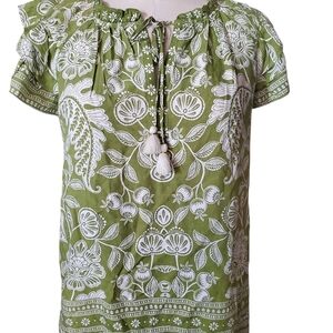 Rose + Olive Green Floral Blouse with Tassels